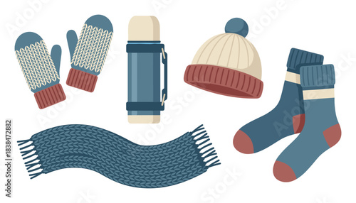 Winter knitted clothes accessories set mittens hat scarf socks and thermos vector