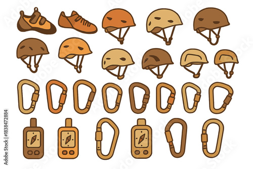 Climbing gear setup in various styles and colors on display for outdoor enthusiasts and adventure seekers
