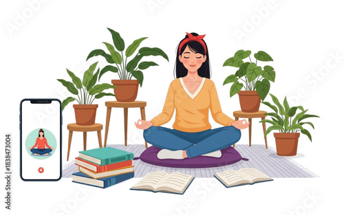 Woman Meditating at Home – Mindfulness Yoga Practice with Plants, Books and Mobile App Illustration