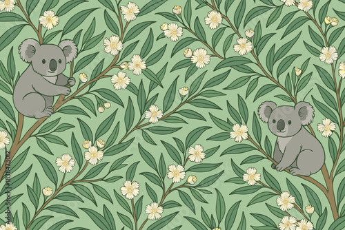 Koalas sitting on branches among leaves and flowers in a green setting during daytime
