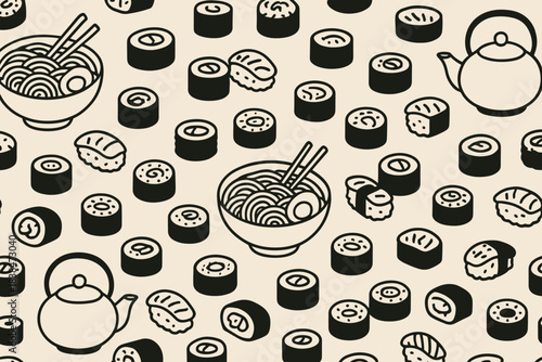 Pattern of noodles, sushi, and tea pots in black and white on a light background for kitchen or restaurant decor