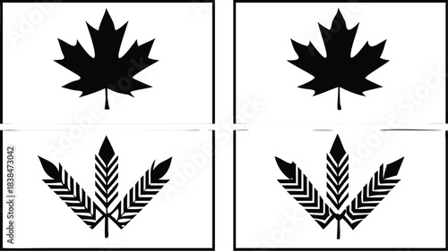 Vector illustration black and white graphic icons featuring a maple leaf above three stylized wheat stalks