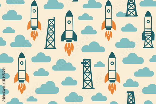 Rockets launch from towers among clouds in a playful design for children and space enthusiasts, showcasing fun space exploration theme