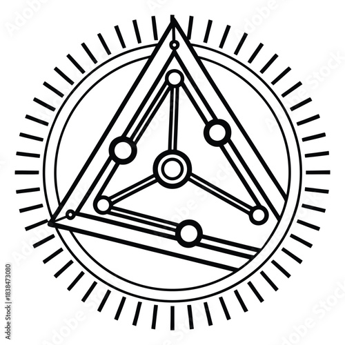 Vector illustration esoteric symbol of a triangle within a circle with internal nodes and radial lines