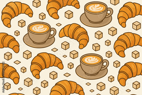 Coffee and croissants with sugar cubes on a light background in a simple pattern used for design or decoration