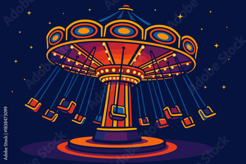 Colorful swing ride at night with lights and stars in a funfair setting in an amusement park