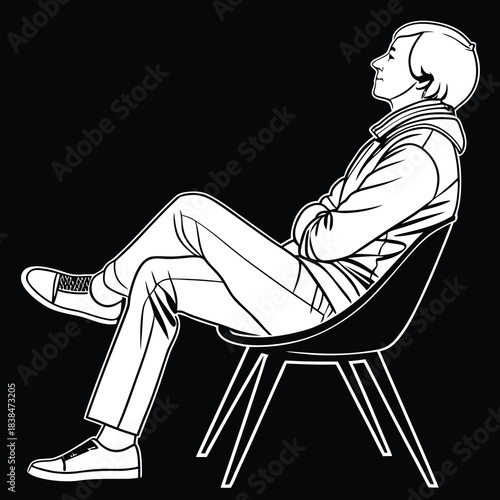 Vector illustration young man sitting relaxed in a modern chair, profile view, black and white line art illustration white