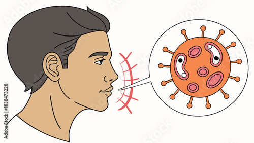 Vector illustration man sneezing or coughing out virus particles, transmission of infection, respiratory illness spread