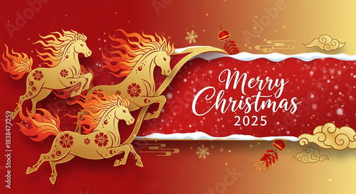 Illustration of golden horses with fiery mane on red background, representing Christmas 2025 with snowflake and cloud, suitable for holiday greeting