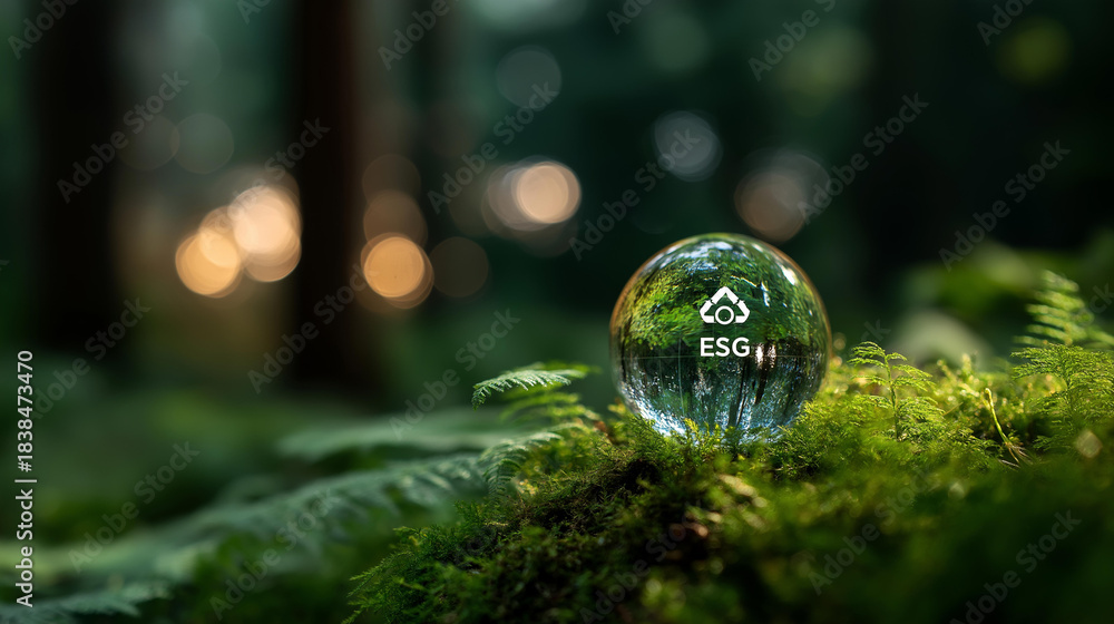 Fototapeta premium Glass globe in green forest with ESG icon environment CO2 circular company net zero technology display sustainable business governance green company concept defocused nature