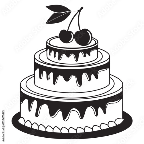 Vector illustration threetiered cake with dripping frosting and cherries on top