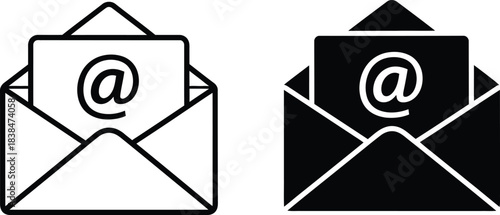 Black and White Email Envelope Icons with At Symbol Inside Two Designs