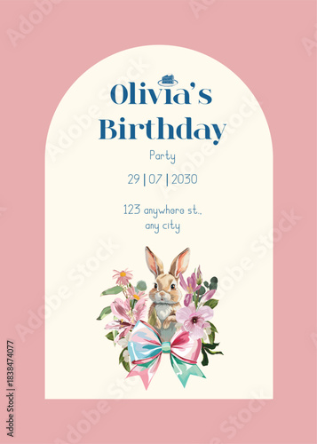 Baby shower, birthday bunny invitation card. Hand drawn watercolor bunny background for little Princess.