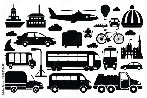 Transportation icons city vehicles travel commute public transport airplane helicopter bus car truck ship