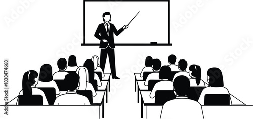 Black and White Illustration Teacher Giving a Lecture to a Classroom of Students