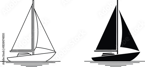 Black and White Sailboat Silhouette Illustration, Nautical Vessel with Waterline Representation