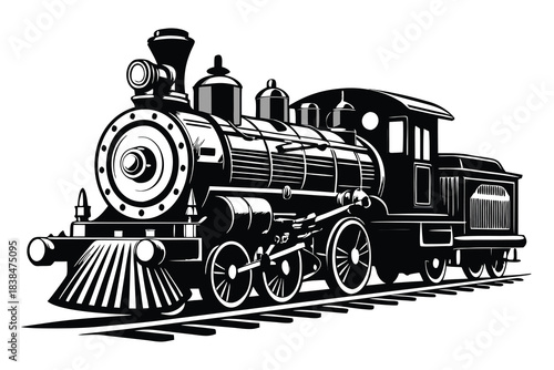 Vintage steam locomotive train black and white illustration railroad transportation retro classic engine
