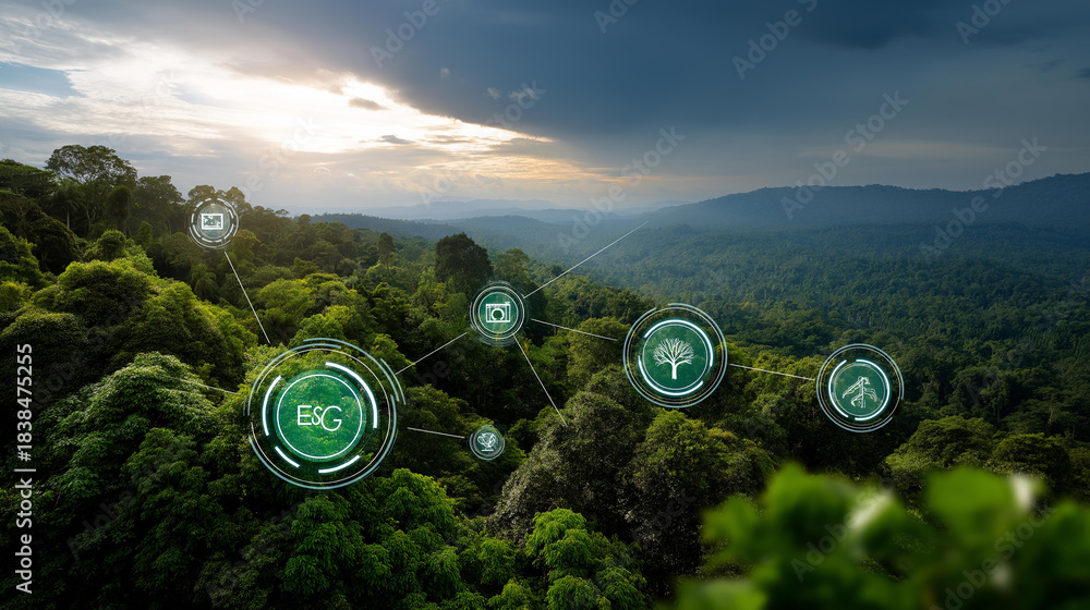 Fototapeta premium Aerial view of green trees with ESG icons ecology sustainable environment development green business concept circular economy supply chain renewable energy carbon emission