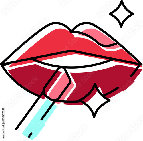Lips applying lipstick outline color vector icon