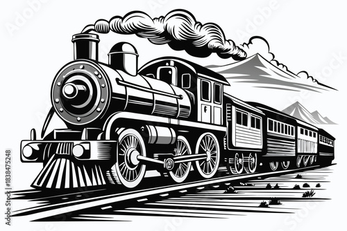 Vintage steam locomotive train mountain landscape black white illustration