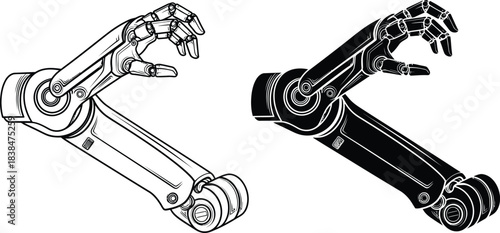 Illustration Robotic Arm Line Art and Silhouette Design Element on White