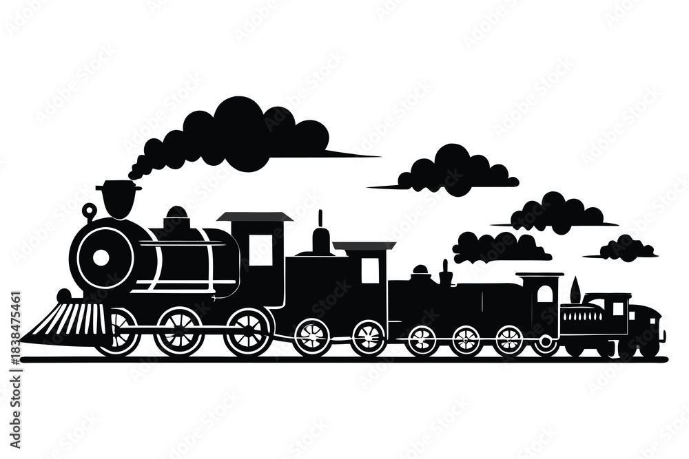 Fototapeta premium Vintage steam train locomotive black silhouette retro transportation railroad travel journey