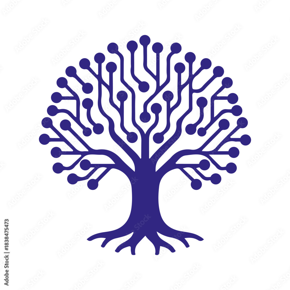 Naklejka premium Logo combining a tree with a circuit board pattern, symbolizing digital growth, data connections, and tech roots. Ideal for IT services branding. Available as high-quality PNG, JPG, and EPS files.