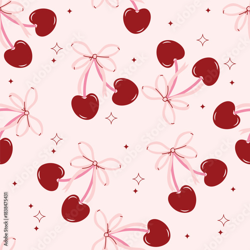 Simple seamless pattern with cherries, hearts. Cartoon cute pink and red stickers for Valentine's Day. Wrapping, packaging design in flat style. Red and pink. Suitable for gift wrap or cards.