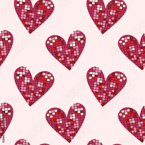 Simple seamless pattern with Disco hearts. Symbol for Valentines Day. Wrapping, packaging design in flat style. Red and white. Suitable for gift wrap or cards
