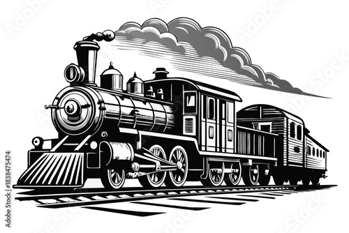 Vintage steam train locomotive railroad journey travel retro black and white illustration
