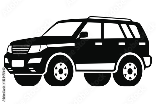 Black and white silhouette of a six wheeled suv