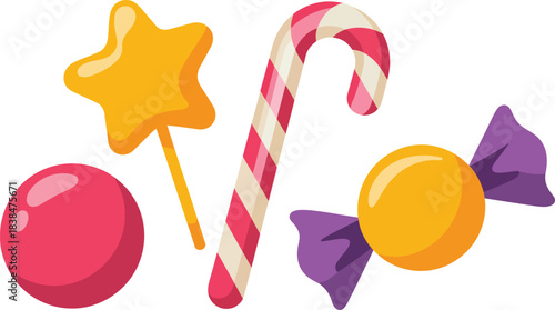 Sweet assorted candies, star lollipop, candy cane, round candy, and wrapped sweet treats set