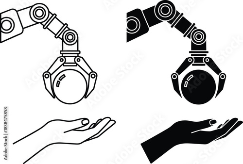Robotic Arm Holding Sphere Above Open Hand in Line Art and Silhouette Style Designs