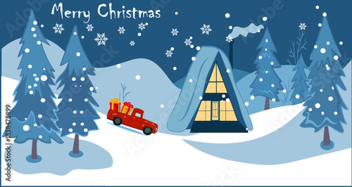 A red truck arrives at a house with gifts in a winter landscape. Snow falls gently on the trees and ground. The scene captures the holiday spirit during Christmas.