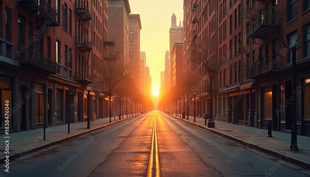 Obraz premium Empty city street at sunset with buildings and road. Warm light illuminates asphalt. Urban landscape, cityscape with apartment houses. Concept of loneliness and travel on beautiful town roads.