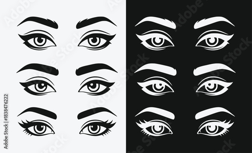Variety of female eyes with different makeup styles in black and white illustration, EPS