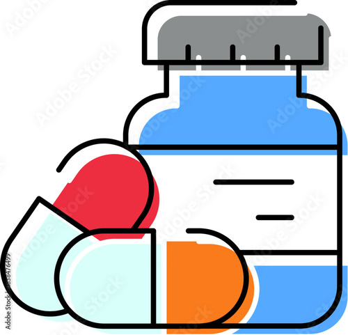 Medicine bottle and capsules representing health care