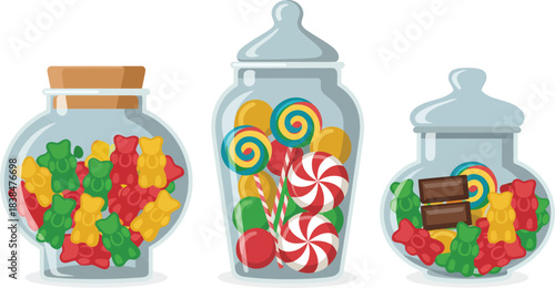Three glass jars filled with assorted confections: gummy bears, lollipops, candies, and chocolate bars