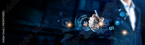 Global increase sales structure of network. Analyzing businessman tracking revenue on digital interface, market trends, growth insights, customer data, performance.