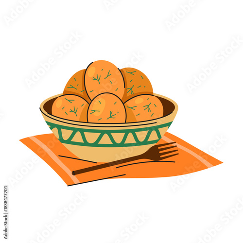 Dumpling with garlic or Ukrainian galushki. Vector traditional Ukrainian meal or eastern European fish made of dough. Rustic homemade food. National cuisine sign. Culinary and cooking, gastronomy.