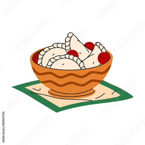 Ukrainian dumplings with cherry. Vector traditional Ukraine meal called varenyky. Meal of dough filled with berry. Sweet dessert serving and eating. Cooking and culinary sign. Gastronomy and nutrition