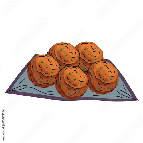 Falafel fritter or food ball. Vector chickpea vegetarian patty, deep fried meal. Middle east street or fast food or Arabic dish. Mezze appetizer or snack for recipe. Mediterranean nutrient. Cooking.