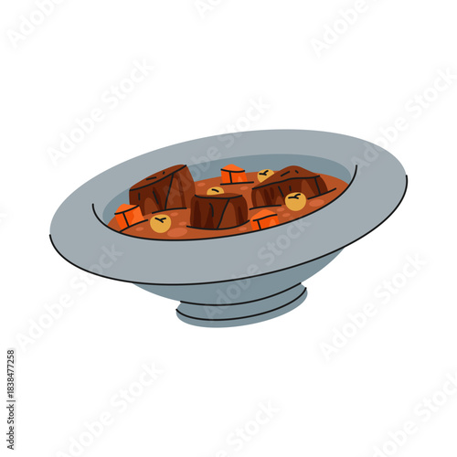 Goat curry stew or Arabic spiced meat food. Vector Asian meal or kitchen dish in bowl. Nutrient with masala for feast or festival. Cooking and middle east nutrition, gastronomy. Dinner or lunch.