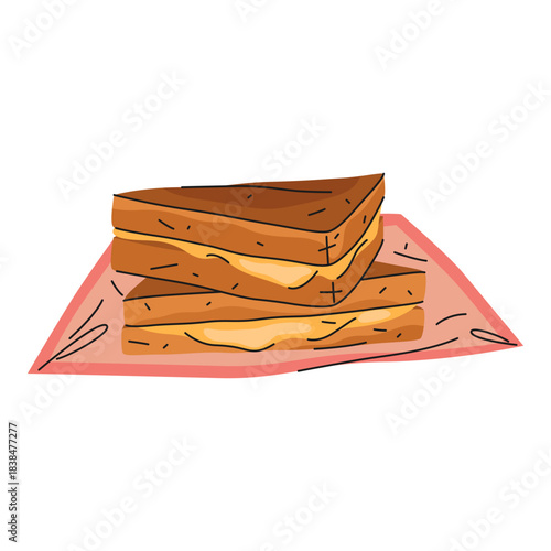Grilled cheese food portion. Vector toasted or melted cheddar or mozzarella. American dairy meal or sandwich gooey dish. Bread nutrient element. Culinary and recipe clipart. Gastronomy and nutrition.
