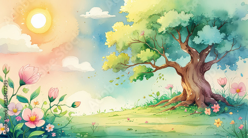 Watercolor landscape of a tree in a meadow