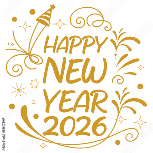 Elegant 2026 Happy New Year concept with golden text and fireworks pattern on a simple white background