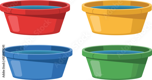 Set of colorful plastic tubs filled with water, red yellow blue and green round basins, household wash containers, cartoon utility bowls, vector illustration pack