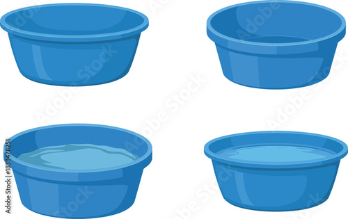 Blue plastic basin set with empty and water-filled tubs, household washing containers, cartoon utility bowls, cleaning wash basins, vector illustration collection