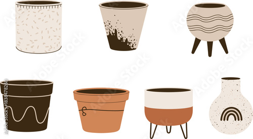 Boho clay pot and planter vector set with decorative ceramic containers rustic earthy terracotta vases modern minimal pottery collection isolated illustration icons