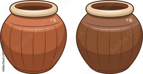 Clay jar vector illustration set traditional ceramic pots rustic pottery containers brown earthenware storage vessel cartoon style round jars decorative design isolated